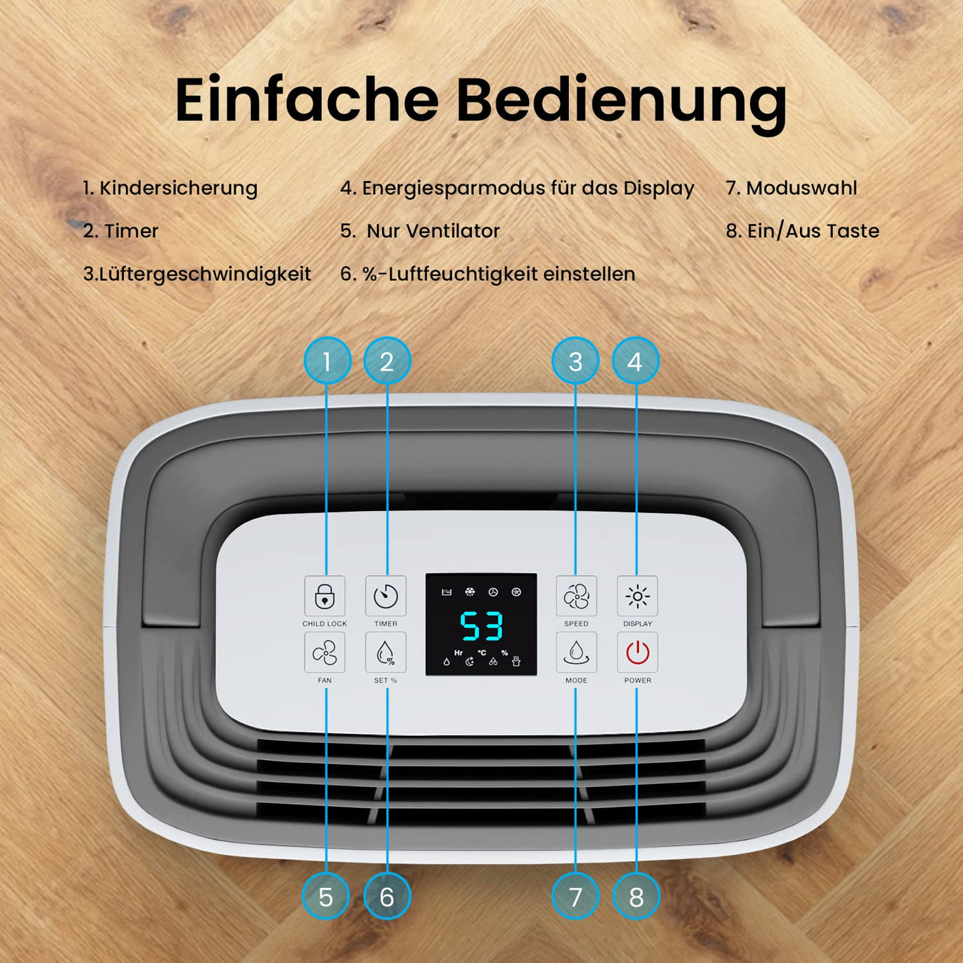 Pro Breeze Luftentfeuchter 20L in 24h Entfeuchtungsleistung - Raumgröße ca. 195m³ (~30 m²) - mit 4 Betriebsarten, Digitalanzeige, Ablaufschlauch, Wäschetrocknung, Timer - Gegen Feuchtigkeit, Schimmel