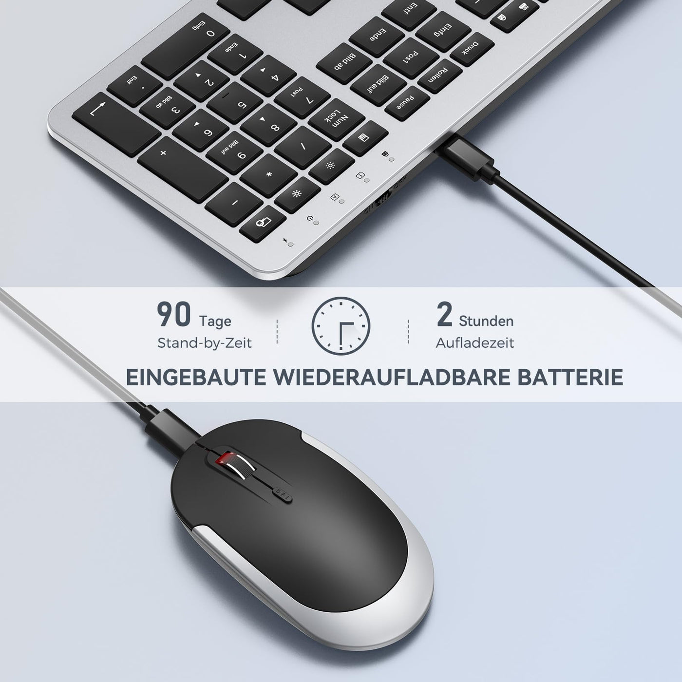 Tastatur Maus Set Kabellos, seenda Ultra-Dünne Wiederaufladbare Funk Tastatur Maus Set, Ergonomische Tastatur Kabellos mit Silikon Staubschutz für PC/Laptop/Smart TV, DE QWERTZ Layout, Schwarz&Silber
