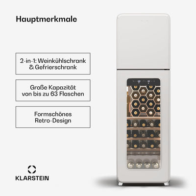 Klarstein Shirley Weinkühlschrank Mit Gefrierfach - 63 Flaschen, Zwei Zonen, –10 bis 18 °C, LED, Freistehend, Retro-Design, Hybrid-Regale, Schwarz