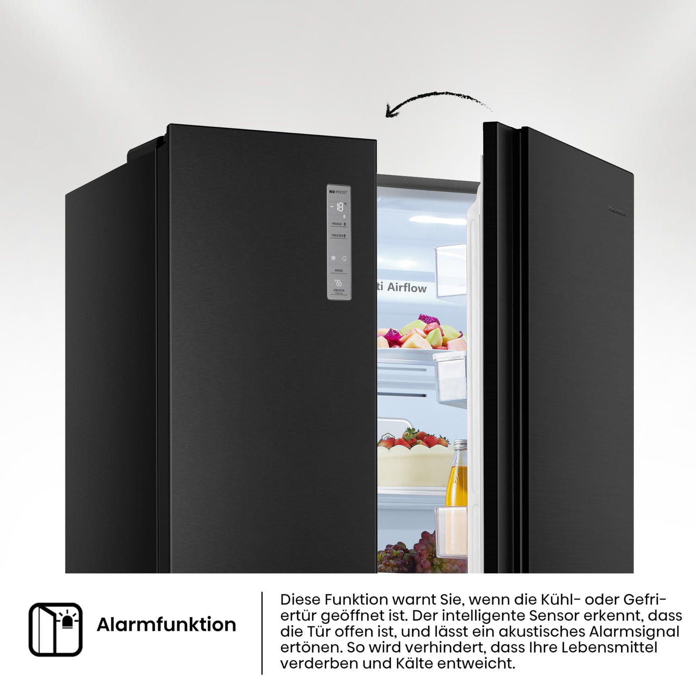 Hisense RS677N4AFC Side by Side Kühl – Gefrier - Kombination,179cm, 519 Liter Gesamtkapazität, EEK: C, LED Beleuchtung, Multi Air Flow, Inverter Kompressor, Touch Display, schwarz