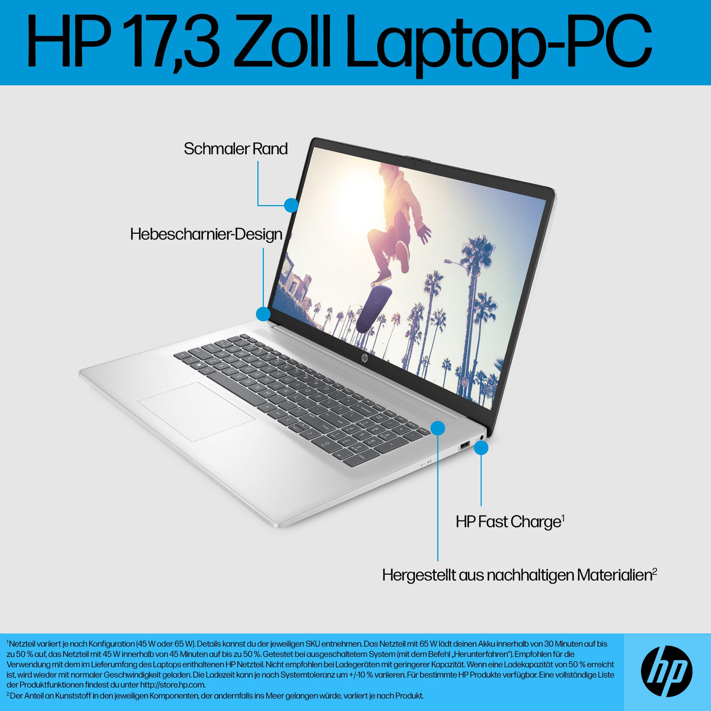 HP Laptop mit 17,3" FHD Display, AMD Ryzen 5 7520U, 16GB DDR5 RAM, 512 GB SSD, AMD Radeon-Grafik, Windows 11, QWERTZ, Silber inkl. 25 GB Dropbox-Speicher für 12 Monate