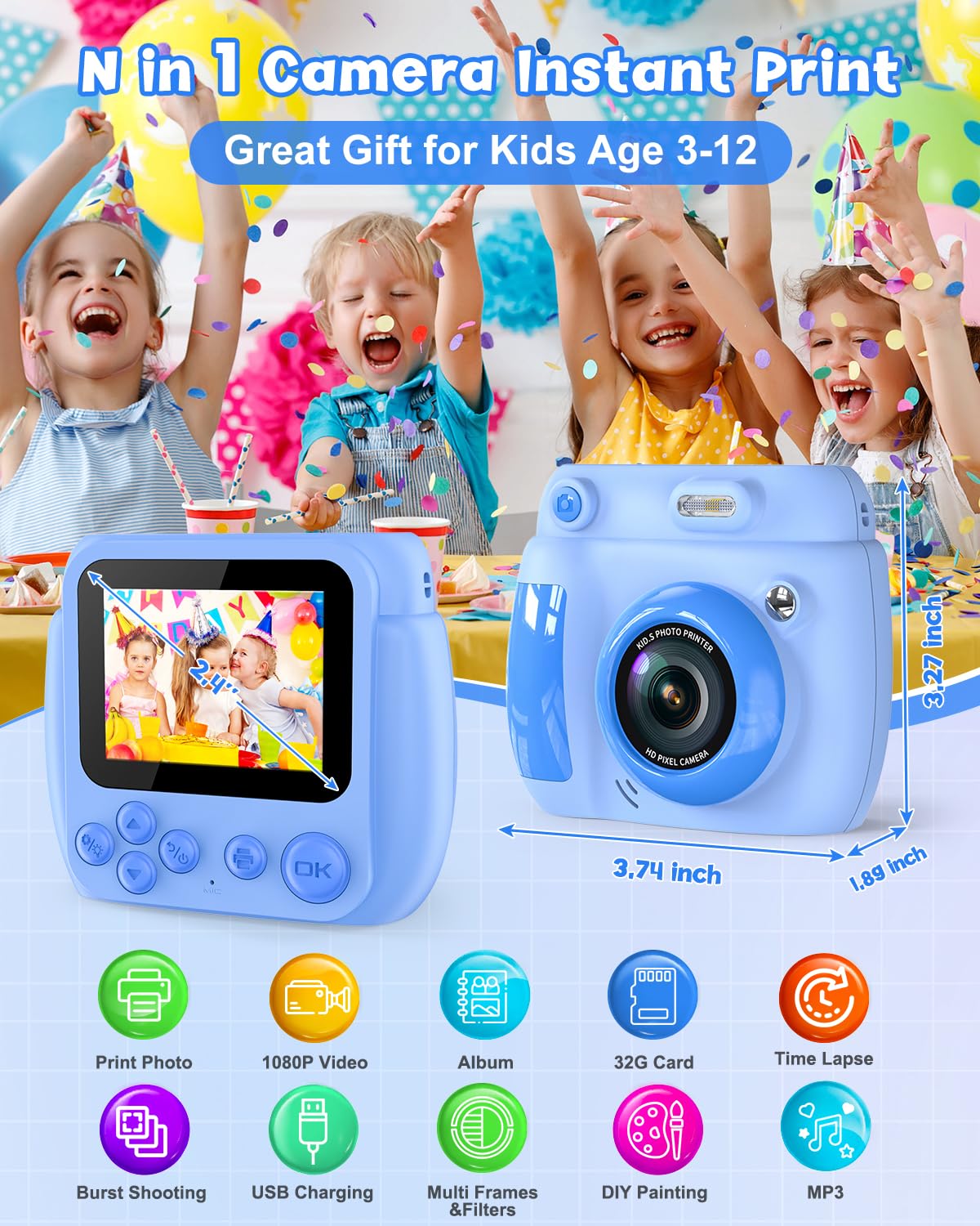 Gofunly Sofortbildkamera Kinder, 2.4 Zoll Bildschirm Kinderkamera Sofortbildkamera mit 32GB Karte & Druckpapier, Kamera Kinder Sofortdruck HD 1080P, Camera mit Fotos Drucken Geschenk für 3-12 Jahre