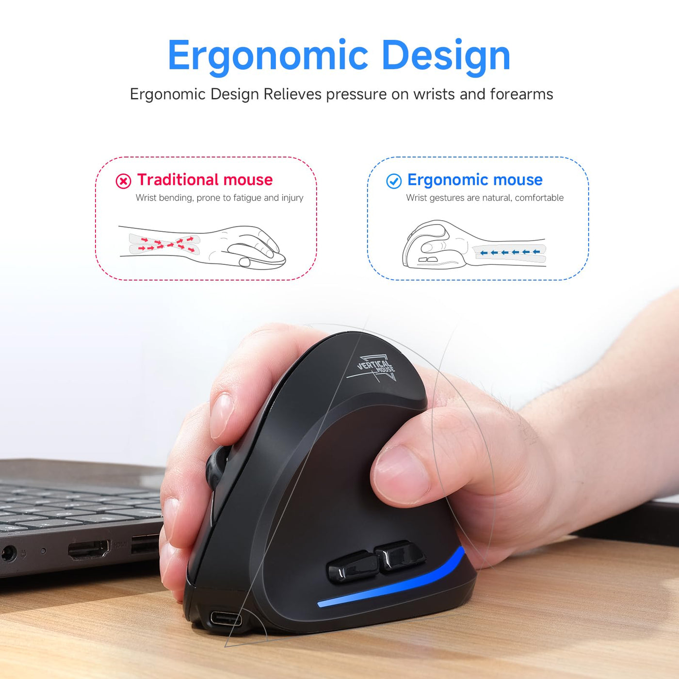 Update-Version 2.4G Vertikale Ergonomische Maus, Silent RGB Vertical Maus, 4800 DPI, 6 Tasten Wiederaufladbare Funkmaus PC Maus Kabellos für Windows/Laptop/PC, Wireless Ergonomic Mouse