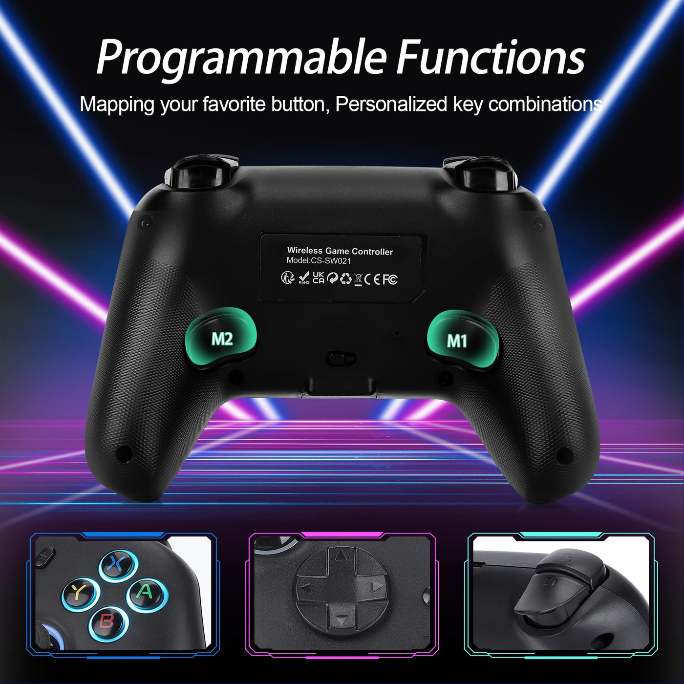 DoJoZone PC Controller Wireless mit Ladestation, Switch Pro Controller mit Hall Effekt Joystick (Kein Drift) Hall Trigger, 7 RGB Licht, 2.4G Gaming Controller für PC Windows/Switch/OLED/Lite/Steam
