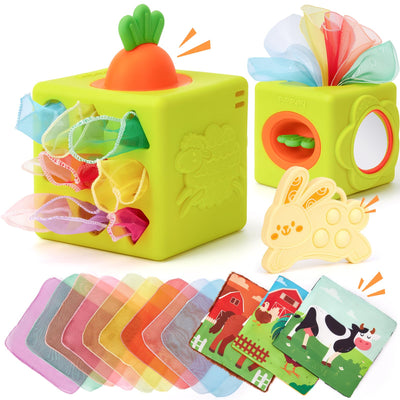 hahaland Baby Spielzeug 6 Monate - Silikon Tücher Box, Montessori Tücherbox Baby Sensorik Spielzeug, 6-in-1 Busy Würfel mit Tüchern, Spiegel, Beißring,Geschenk für Babyspielzeug ab 6 9 12 Monate
