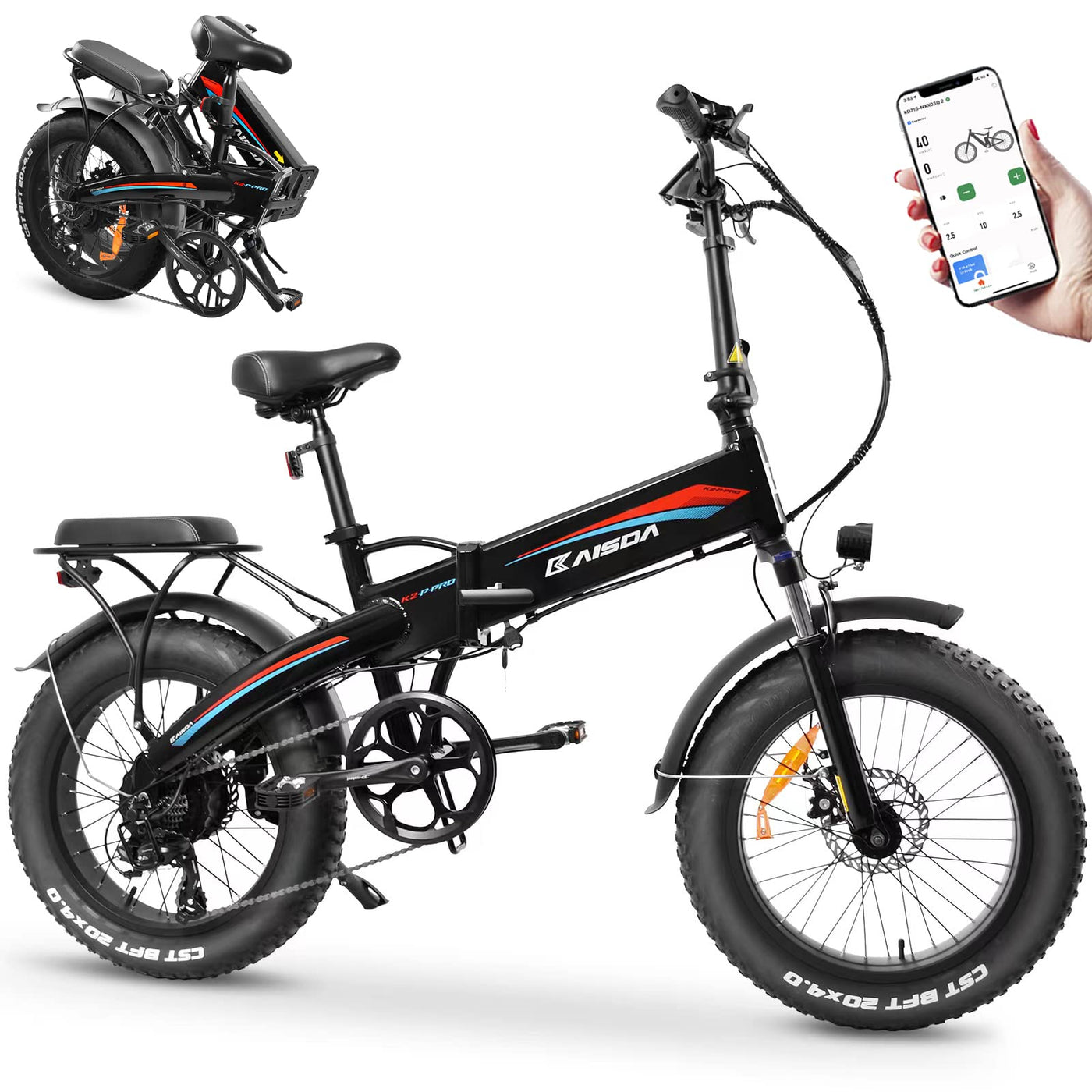 KAISDA 20" E Bike Elektrofahrräder mit 250W Motor 70Nm 48V 15Ah Li-ion Akku Bis 120km Distanz, E-Bike Klapprad mit APP und 7-Gang, 4" Fettreifen Alu E-Fahrrad Für Erwachsene (Rot)