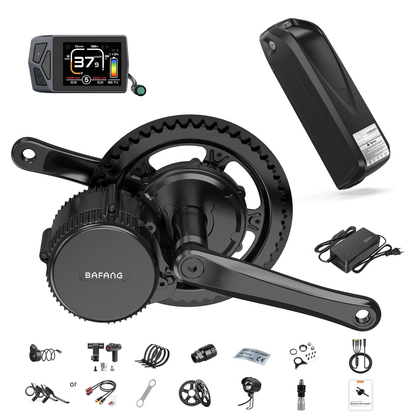 BAFANG Mittelmotor 48V 250W BBS01B Ebike Umbausatz mit 48V13Ah Unterrohr-Batterie und Multifunktions EKD01 Display, CAN Version G340 8fun Motor für BB68mm Mountainbike Rennrad Pendlerfahrrad DIY Kit