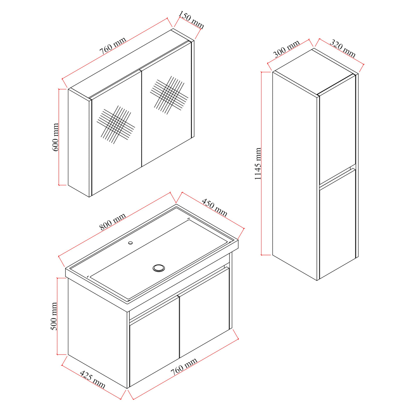 Komplettprogramme Badezimmermöbel Set Dallas 80 cm | Keramikwaschbecken | Spiegelschrank | Unterschrank | Hochschrank | Waschbeckenunterschrank Waschbeckenschrank Badezimmerschrank Badmöbelset