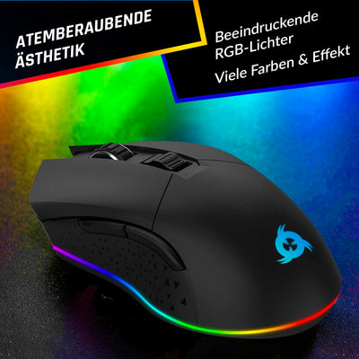 KLIM Blaze - Wiederaufladbare kabellose RGB Gaming Maus - NEU 2023 - Hochpräziser Sensor mit Langer Akkudauer - Einstellbar auf bis zu 10000 DPI - Kabel- und Funk Maus Modus (Schwarz)