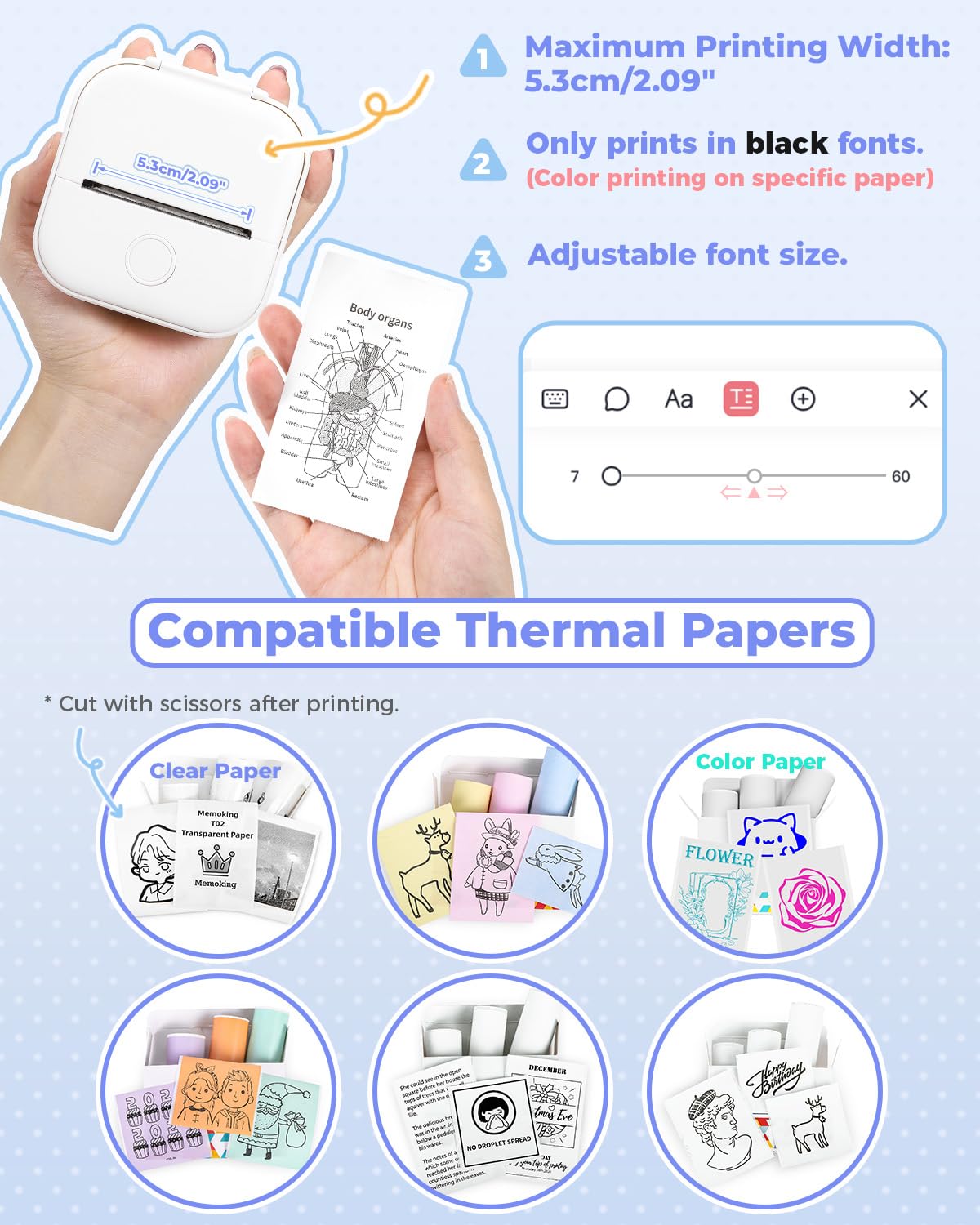 Memoking Tragbarer Mini Aufkleberdrucker - T02 Taschendrucker Bluetooth Fotodrucker, Lerngrafiken für Kinder, Gymnasiasten, Universitätsstudent, Mini Drucker mit 3 Rollen Thermopapier Selbstklebend