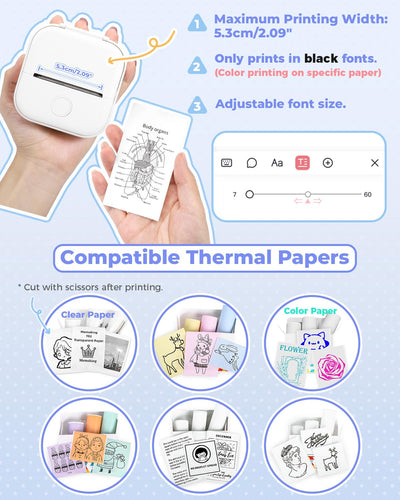 Memoking Tragbarer Mini Aufkleberdrucker - T02 Taschendrucker Bluetooth Fotodrucker, Lerngrafiken für Kinder, Gymnasiasten, Universitätsstudent, Mini Drucker mit 3 Rollen Thermopapier Selbstklebend