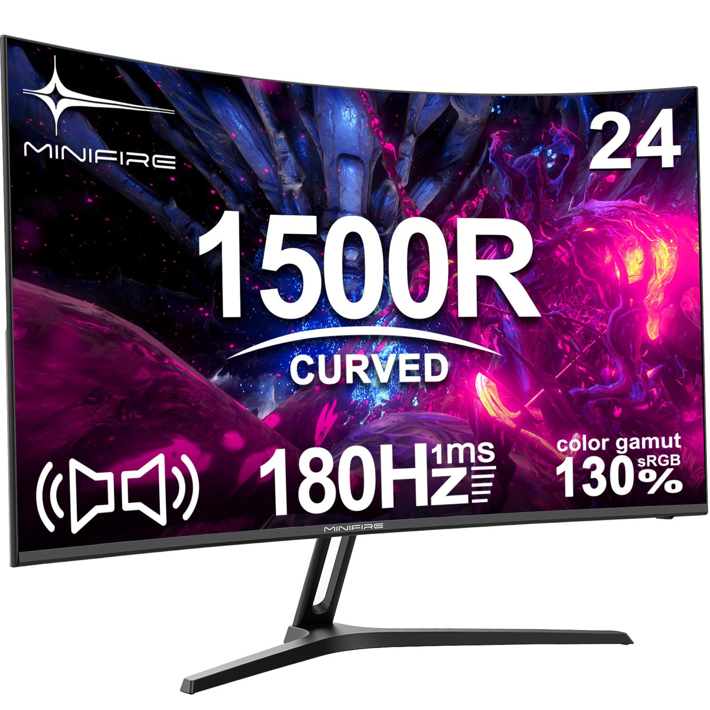 Minifire 24 Zoll Curved Gaming Monitor 180Hz, 1ms, 130% sRGB, Mit Lautsprechern, HDR, FreeSync, 300cd/m², VA, FHD 1080P, Rahmenlos, HDMI1.4 DP1.2 Ports (MFG24C1 HDMI-Kabel im Lieferumfang enthalten)