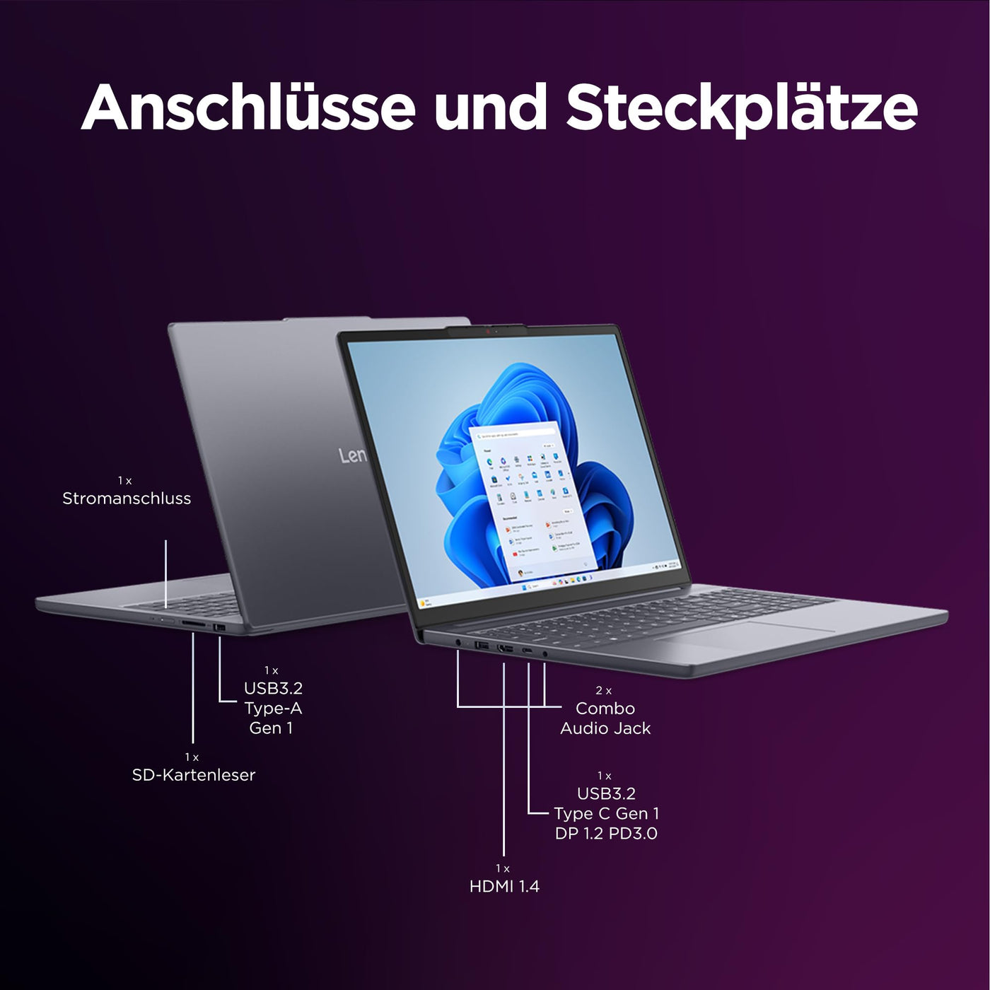 Lenovo IdeaPad Slim 3i Laptop | 14" WUXGA Display | Intel Core i5 13420H | 16GB RAM | 512GB SSD | Intel UHD Grafik |Windows 11 | QWERTZ | Luna Grau | 3 Monate Premium Care