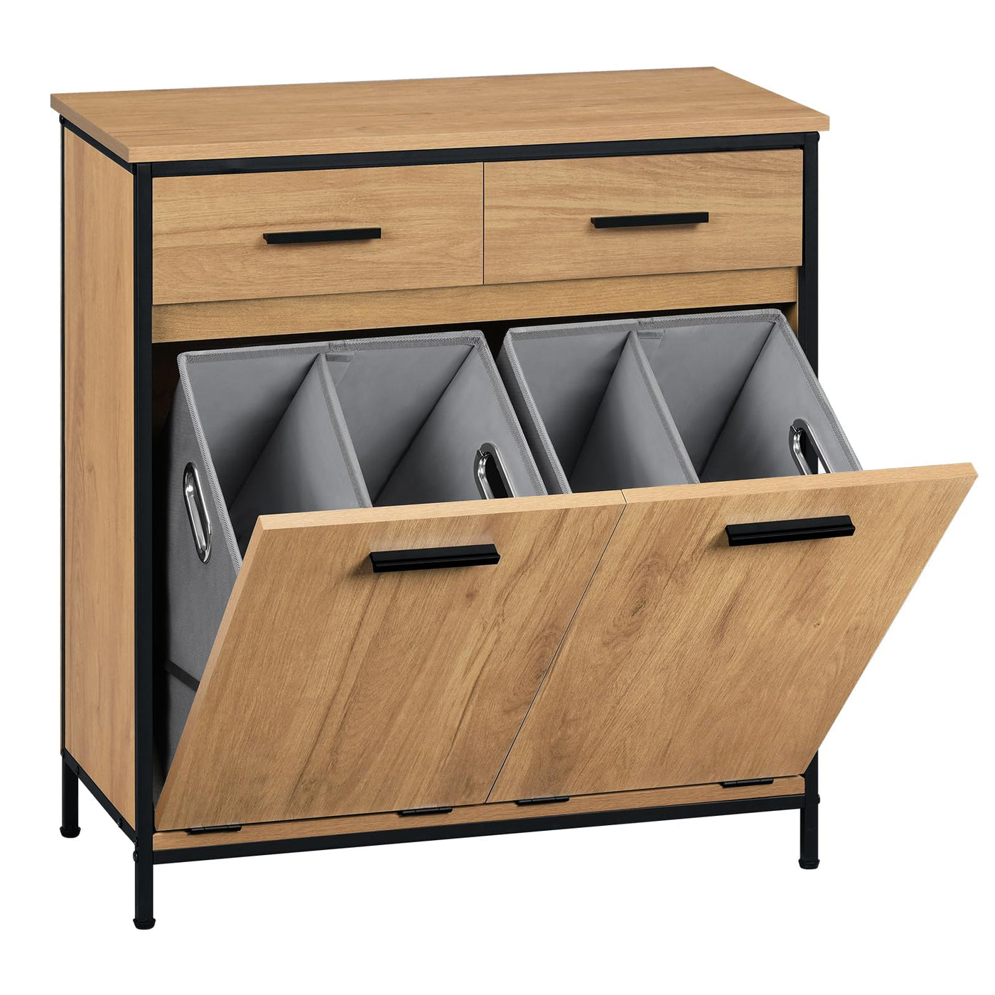 EUGAD Badezimmerschrank mit 2 faltbaren Wäschesäcken, Wäscheschrank mit 2 Schubladen, Wäschesammler Wäschekorb, Badschrank Badmöbel mit Metallrahmen, helle Eiche + Schwarz, 72,5x80x34 cm