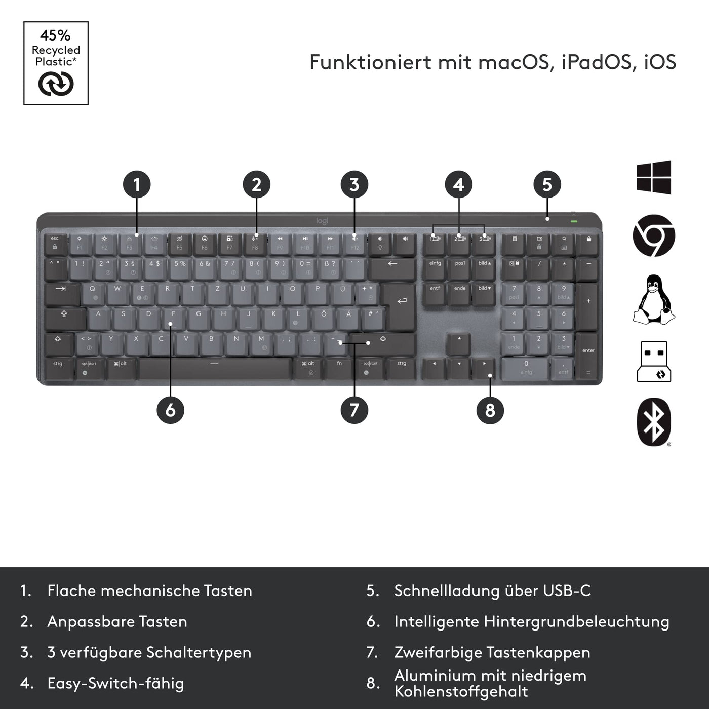 Logitech MX Mechanical kabellose beleuchtete Tastatur Standardgröße Linear, MX Master 3S kabellose Hochleistungs-Bluetooth-Maus, macOS, Windows, Linux, iOS, Android, DEU QWERTZ - Grau