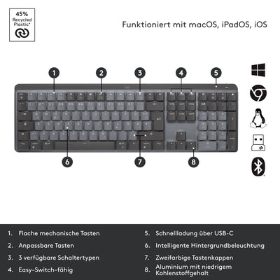 Logitech MX Mechanical kabellose beleuchtete Tastatur Standardgröße Linear, MX Master 3S kabellose Hochleistungs-Bluetooth-Maus, macOS, Windows, Linux, iOS, Android, DEU QWERTZ - Grau