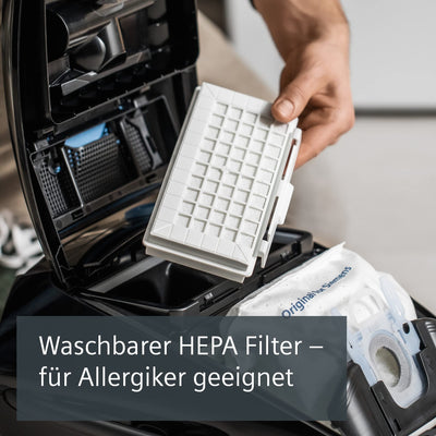 Siemens Staubsauger mit Beutel Q5.0 extreme silencePower VSQ5X1230, Bodenstaubsauger, ideal für Allergiker, Hygiene-Filter, starke Saugleistung, Bodendüse für Parkett, Teppich, Fliesen, 850 W, schwarz