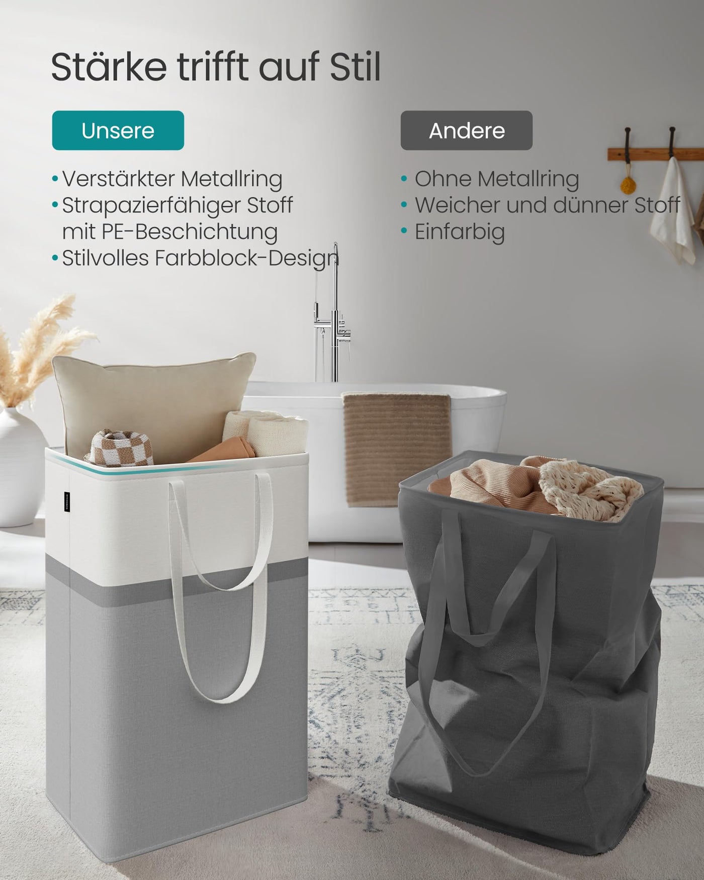 SONGMICS Pfandflaschen Sammelbehälter Wäschekorb 2er Set, 75 L Wäschesammler faltbar, mit langen Griffen, leicht zu tragen und zu reinigen, für Schlafzimmer Badezimmer, taubengrau LCB208G02
