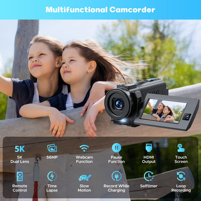 Videokamera 5K 56MP Camcorder Doppelobjektiv 16X WiFi Vlogging Kamera für YouTube 3" Touchscreen IR Nachtsicht Videorekorder mit 2 Batterien, 64GB Karte, Fernbedienung, Mikrofon