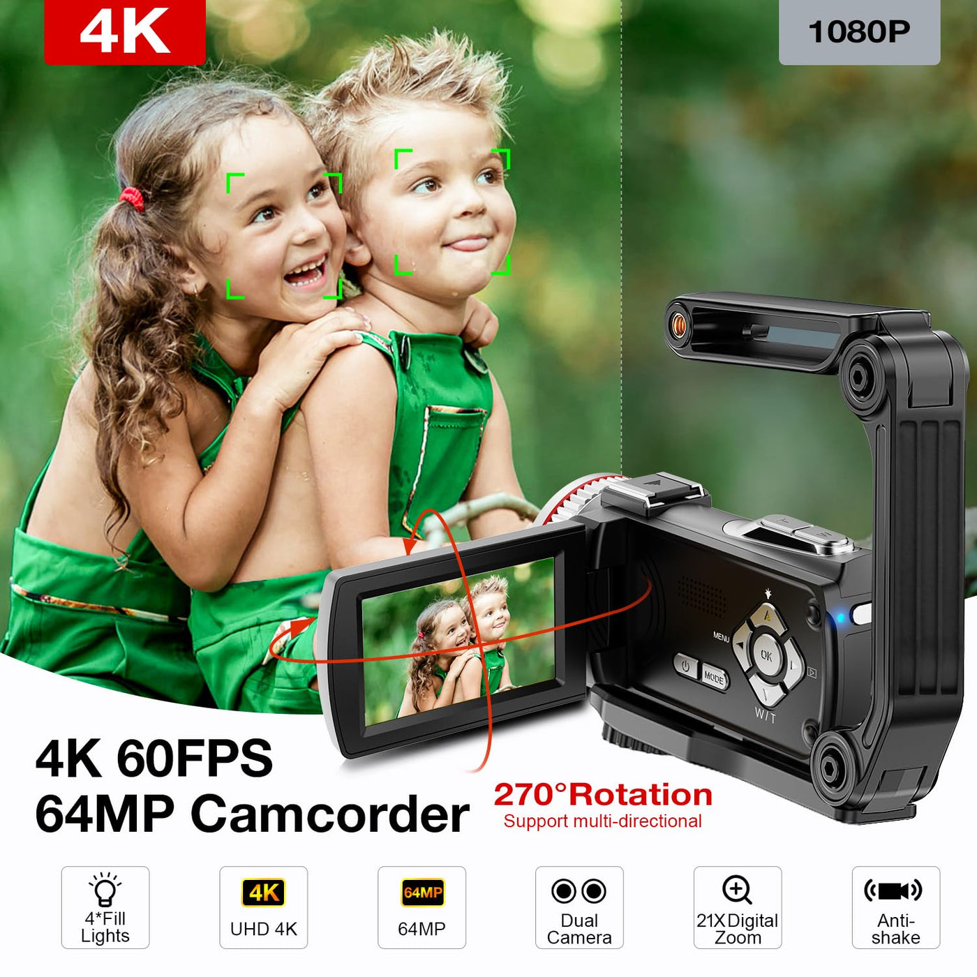 Videokamera 4K 64MP Camcorder Vlogging Kamera für YouTube,21X Digital Zoom, 3" 270° Drehbarer Screen Video Vlogging Dual Camera mit 64GB Karte, Mikrofon, Stabilisator, Fernbedienung,2 Batterien