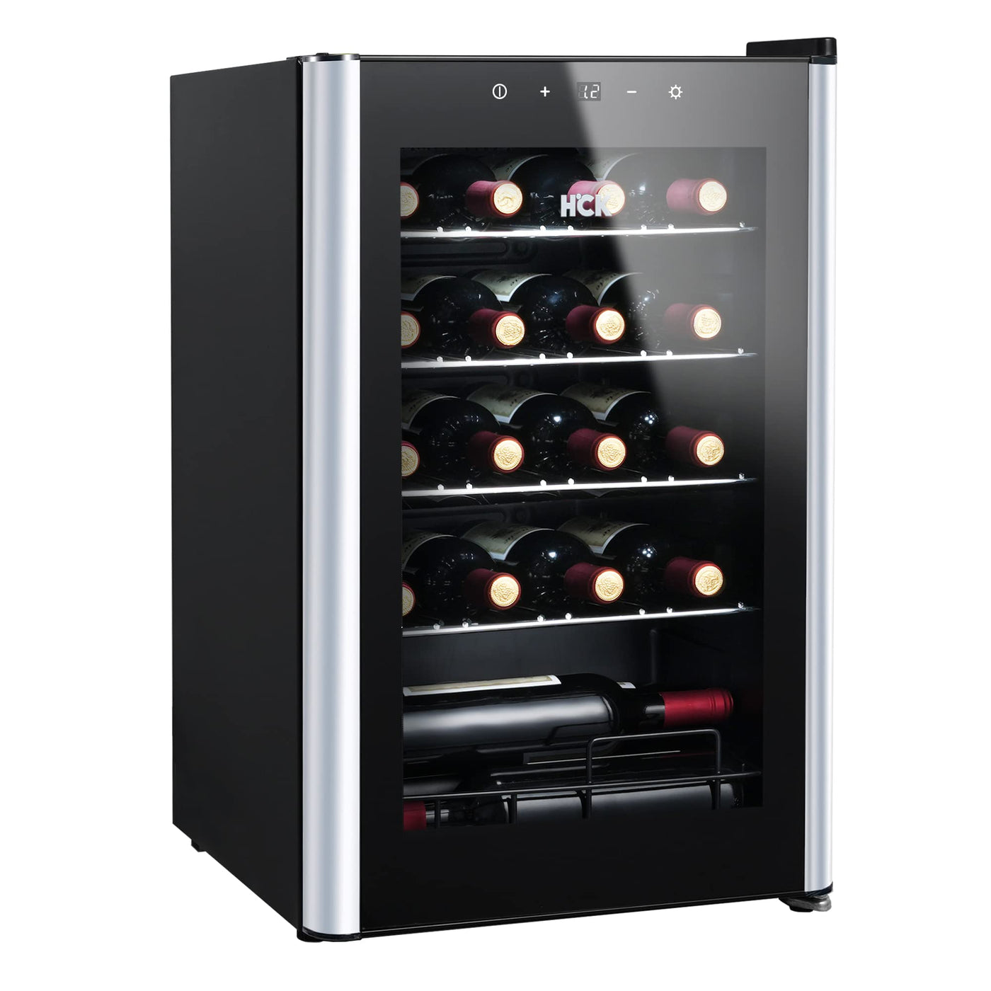 HCK 70L Weinkühlschrank für 24 Flaschen, 4-22°C Weinkühlschränke Flaschenkühlschrank, Getränkekühlschrank mit Glastür, Geräuscharmer Weinschrank, Frostfreie Glastür, Vollglas-Touchpanel, Schwarz