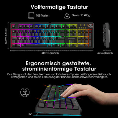 KOORUI Gaming Tastatur, Mechanisch Tastatur QWERTZ Deutsches Layout 104 Tasten 26 RGB Hinterleuchtet Kabelgebunden Gaming Keyboard für Windows MacOS Linux-Blauer Schalter