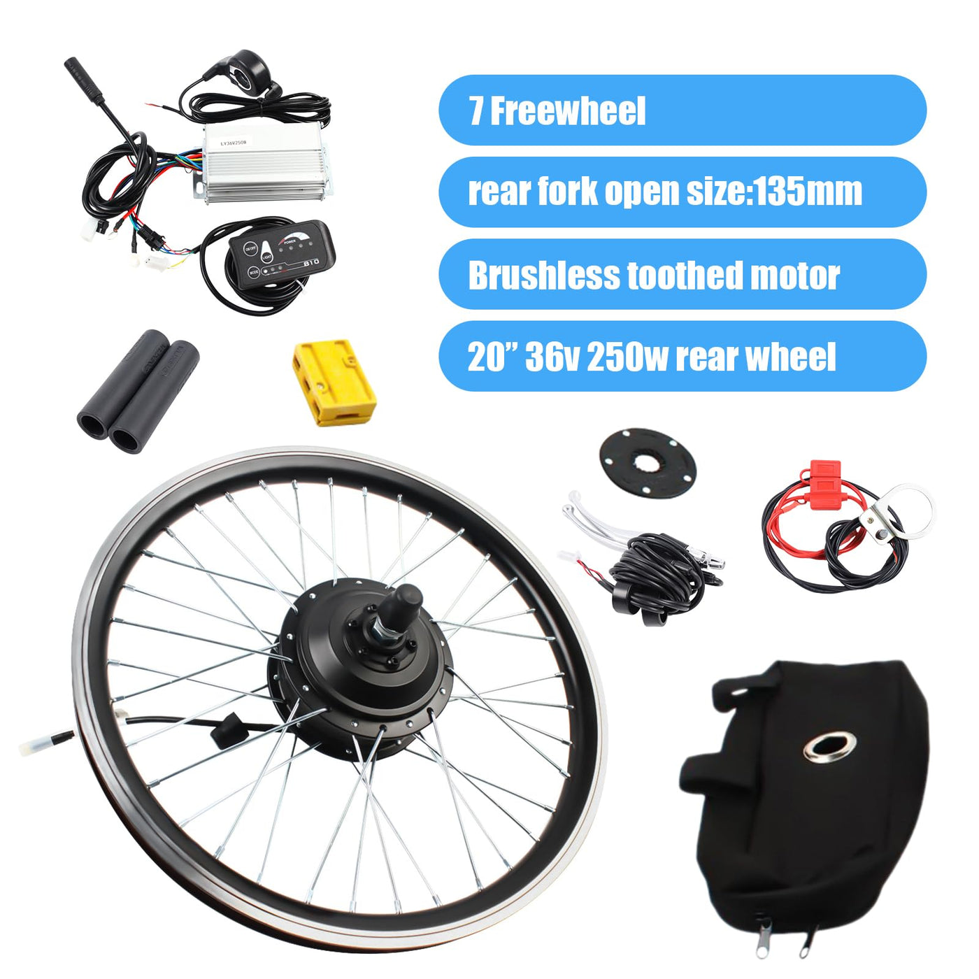 HOARLICN Elektro-Fahrrad Motor Hinterrad, E-Bike-Umrüstsatz Hinterrad-Elektrofahrrad-Kit 36v 250w E-Bike Nabe Umbausatz LED Kit Elektro-Fahrrad-Motor-Umrüstsatz Geeignet Für 20-Zoll-Fahrräder
