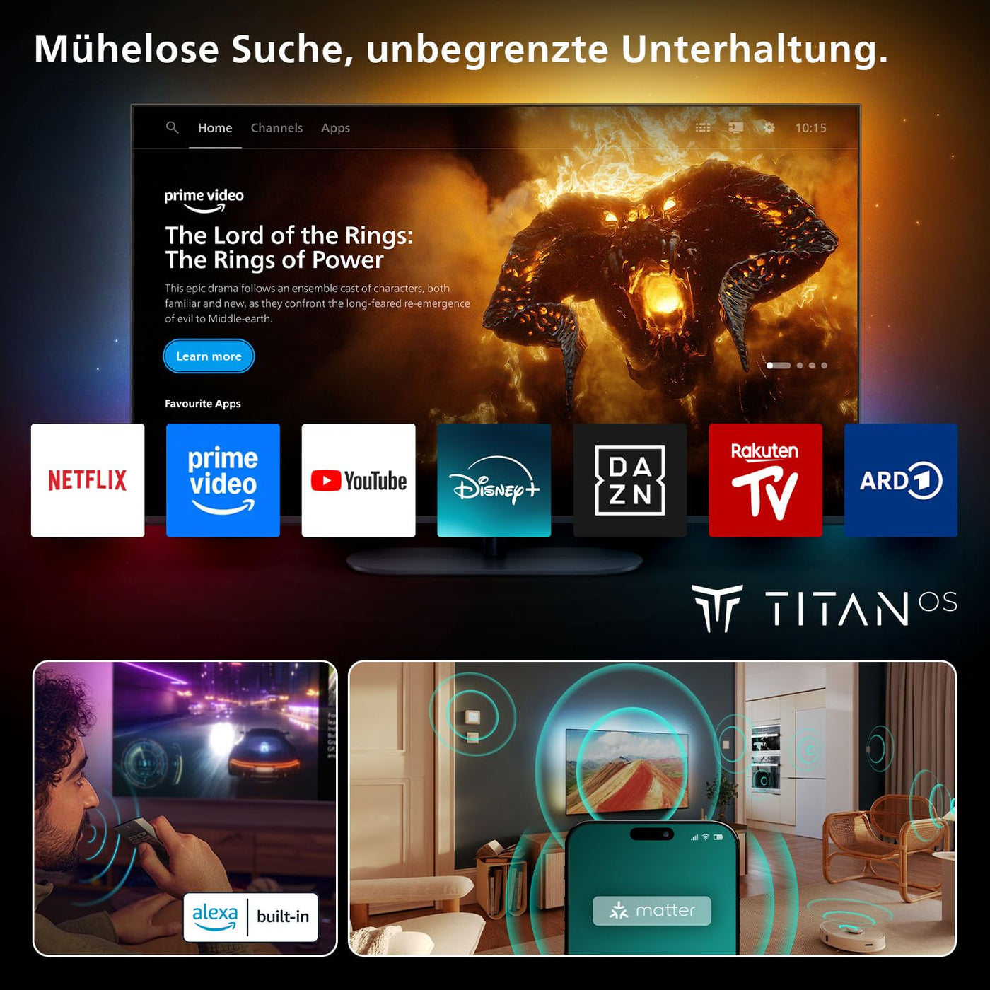 Philips Ambilight 'The One' 50PUS9000 4K QLED Smart TV - 50 Zoll Display mit P5 Perfect Picture Engine Ultra HD, Titan OS, Dolby Vision und Dolby Atmos Sound
