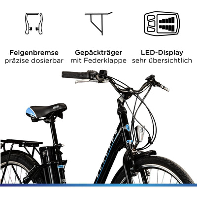 ZÜNDAPP Z505 City E-Bike Damen 26 Zoll | Citybike mit 6 Gang Schaltung Pedelec | für 150-185 cm | Bike mit StVZO Beleuchtung und Gepäckträger (schwarz, 43 cm)