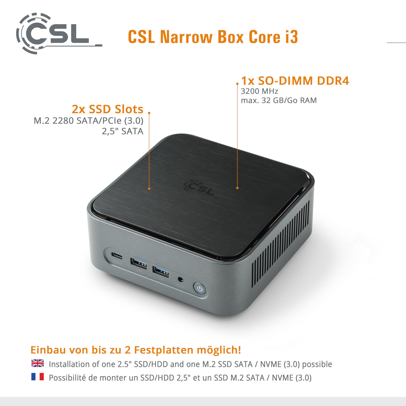 Mini PC CSL Narrow Box Core i3 Windows 11 Pro, Intel Core i3-N305 8X 3800 MHz Turbotakt, 1000 GB M.2 SSD, 16 GB DDR4-RAM, Intel UHD Grafik, HDMI 2, USB 3.2, BT 5.2, DisplayPort, Dual WLAN
