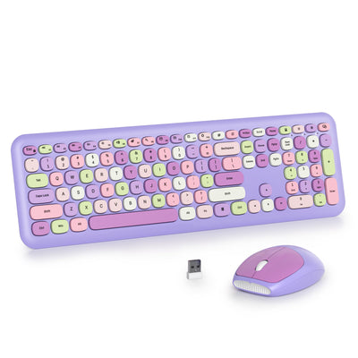 SOLIDEE Buntes kabellose Tastatur und Maus-Kombination,2.4GHz Retro Schreibmaschine Tastatur,104 Tasten in voller mit Ziffernblock,Leise membran Tastatur(Amerikanisch QWERTY)(Purple)