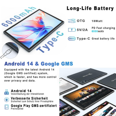 KADYBE Android 14 Tablet 10 Zoll, 64GB ROM (1TB TF),Tablet mit Tastatur Maus Stift, WLAN 6 Tablett PC | Octa-Core | Google GMS | 5+13 MP | 7000 mAh | 1080FHD | GPS- Grau