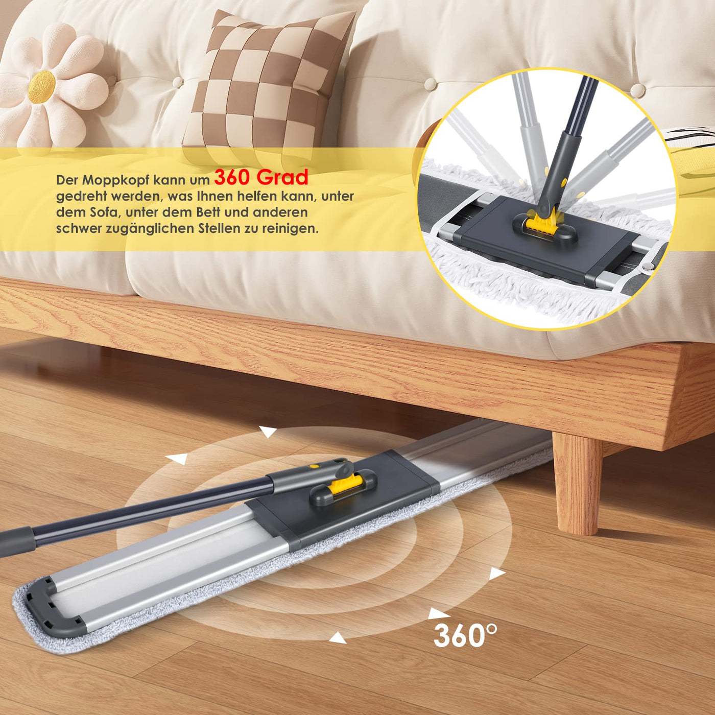 HEVOL Bodenwischer 90cm Breit | Wischmopp mit 154cm Edelstahlgriff & 360°Drehkopf | Industrieller Flachmopp für Haushalt, Büro, Hotel, Mall & Garage | Inkl. 1 Baumwollpad + 2 Mikrofaserpads