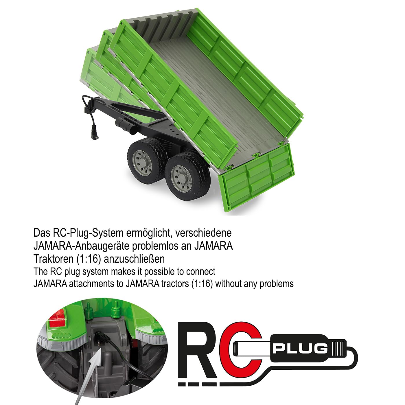 JAMARA 412412 - Kipper für Fendt 1050 - Ferngesteuerte Kippmulde hoch/Runter, Anhängerkupplung vorne, Klappbare Bordwände Bunt