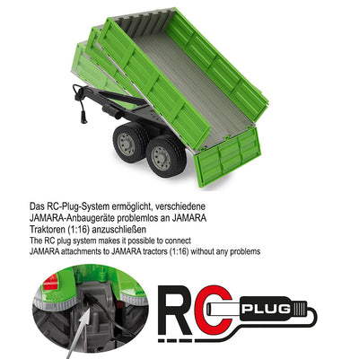 JAMARA 412412 - Kipper für Fendt 1050 - Ferngesteuerte Kippmulde hoch/Runter, Anhängerkupplung vorne, Klappbare Bordwände Bunt