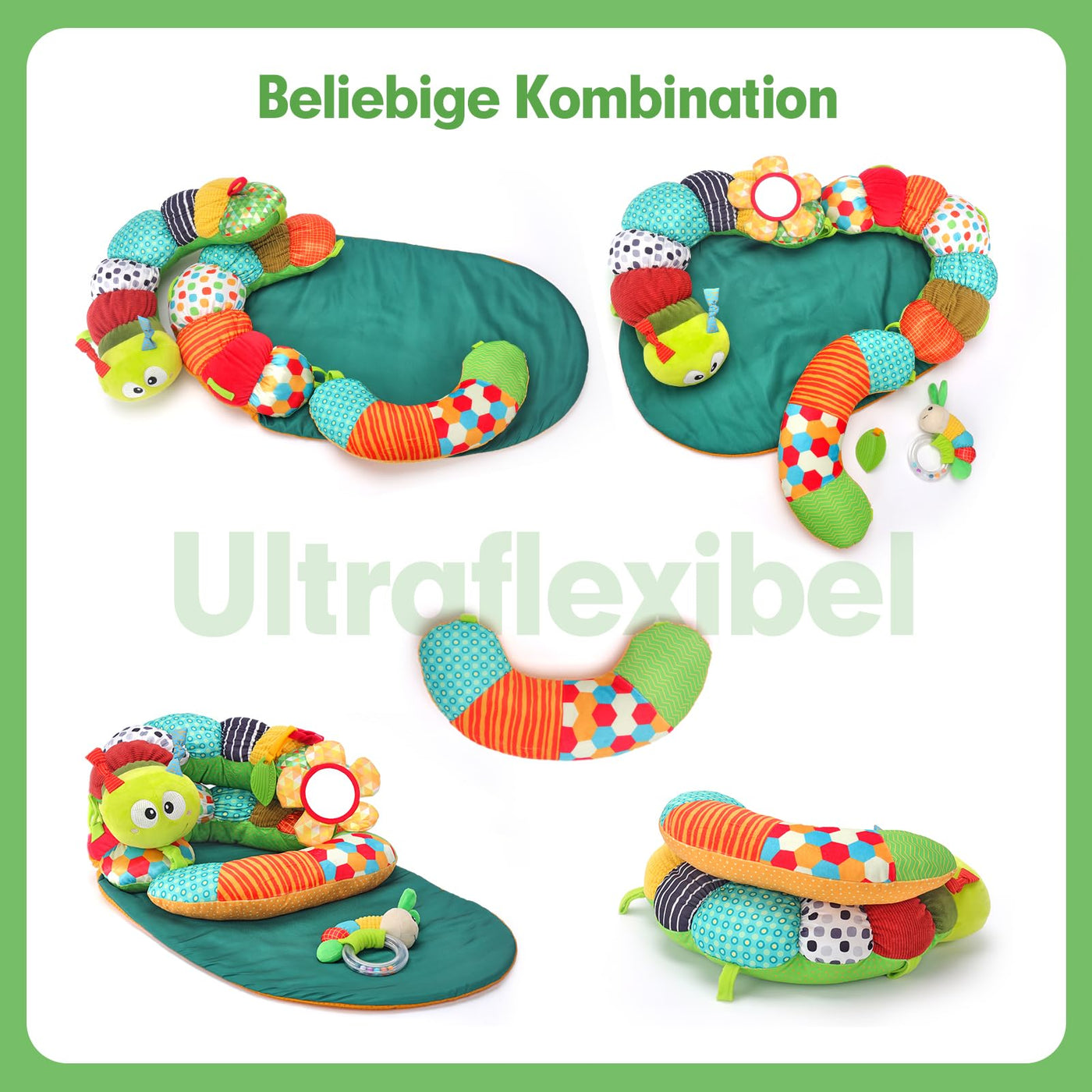 hahaland Baby Spielzeug 3 6 9 12 Monate,3 in 1 Abnehmbar Raupe für Baby Bauchlage Helfen Sitzen Stützen,Tummy Time Toys Spielkissen mit Rassel, Beißring, Spiegel für Babyspielzeug ab 0-6-12 Monate