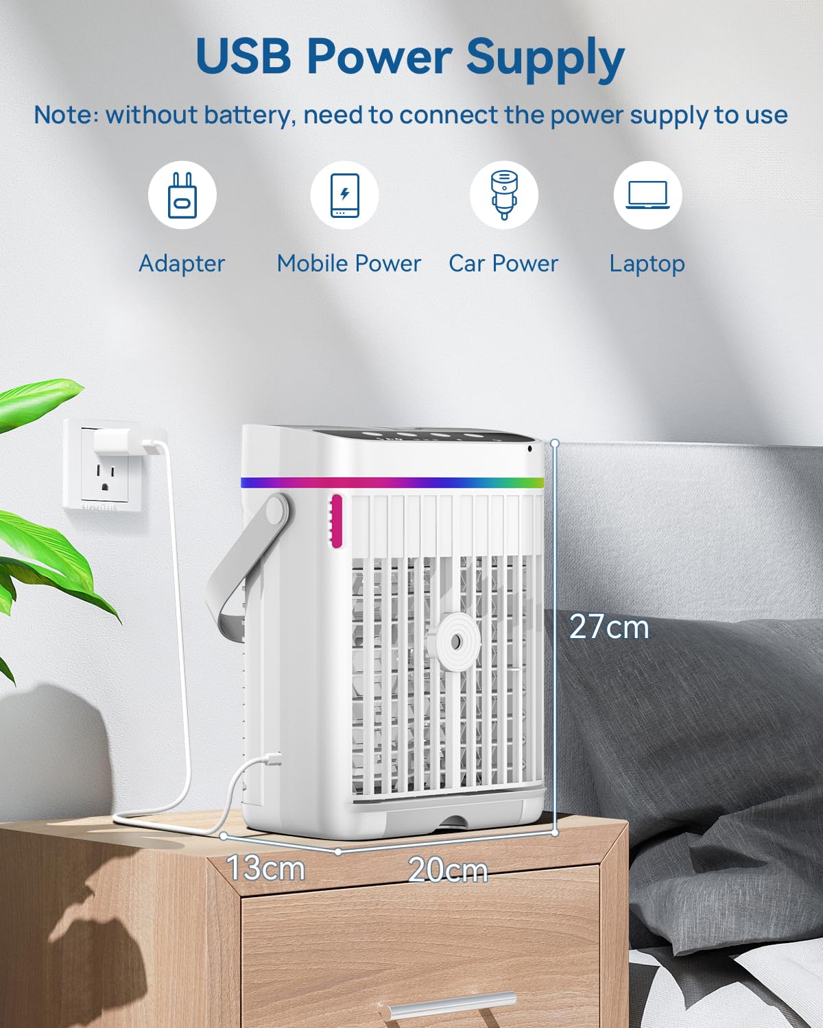 Mobile Klimaanlage, 1250ml Mini Klimaanlage, USB 4 in 1 Tragbare Mobile Klimagerät mit 1/2/3 H Timer, 3 Geschwindigkeiten & 3 Nebelmodi, 7 Farben Mini Luftkühler für Hause, Büro