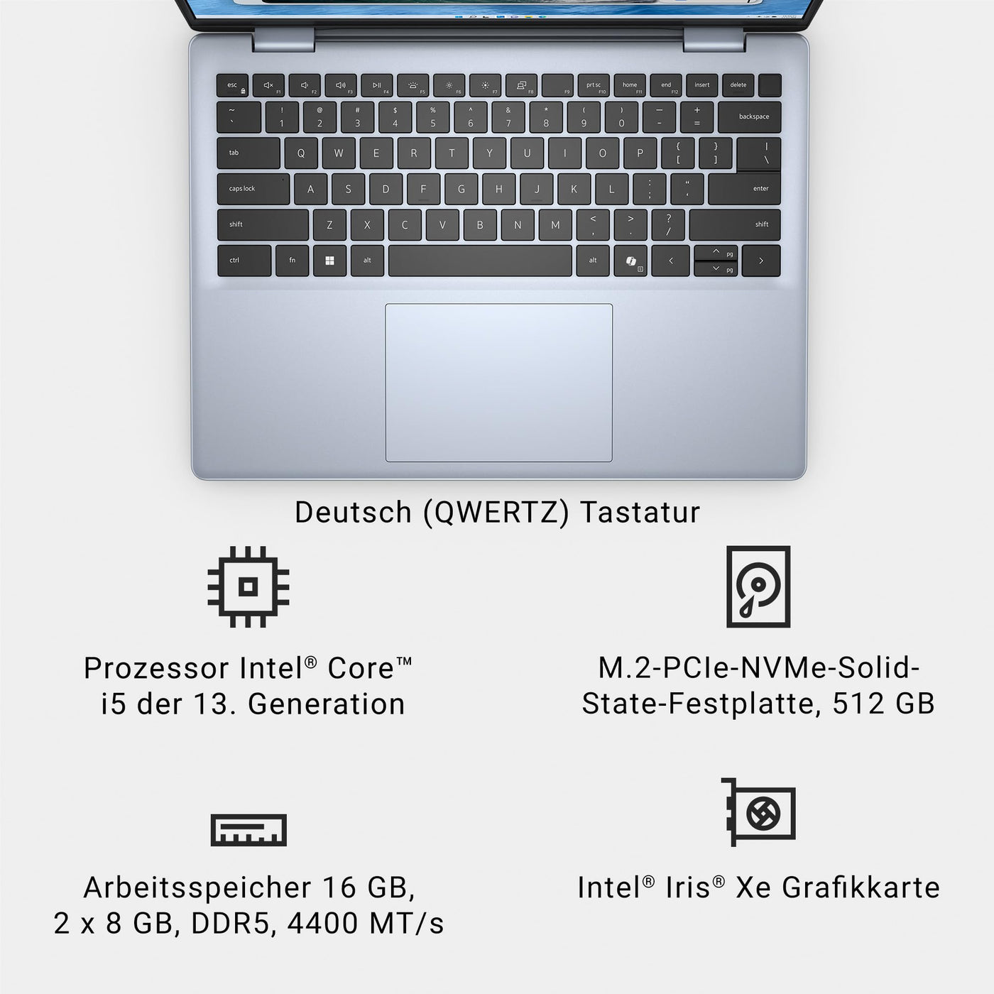 Dell Inspiron 14 5440 Laptop 14" 16:10 FHD+ Display, Intel Core i5-1334U, 16GB RAM, 512GB SSD, Intel Iris Xe, Windows 11 Home, Fingerprint Reader, Hintergrundbeleuchtung – Deutsch (QWERTZ), Ice Blue