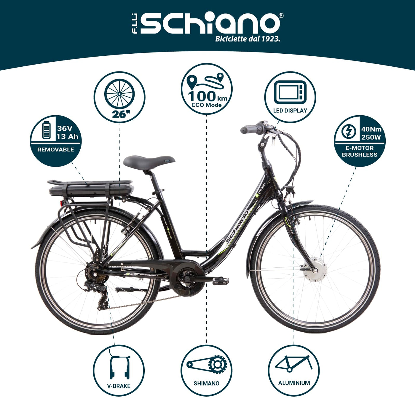 F.lli Schiano E-Moon, E Bike für die Stadt 26 Zoll, 36V 13Ah Abnehmbarer Akku, Motor 250W 40Nm, City Ebike für Herren/Damen, Schwarz