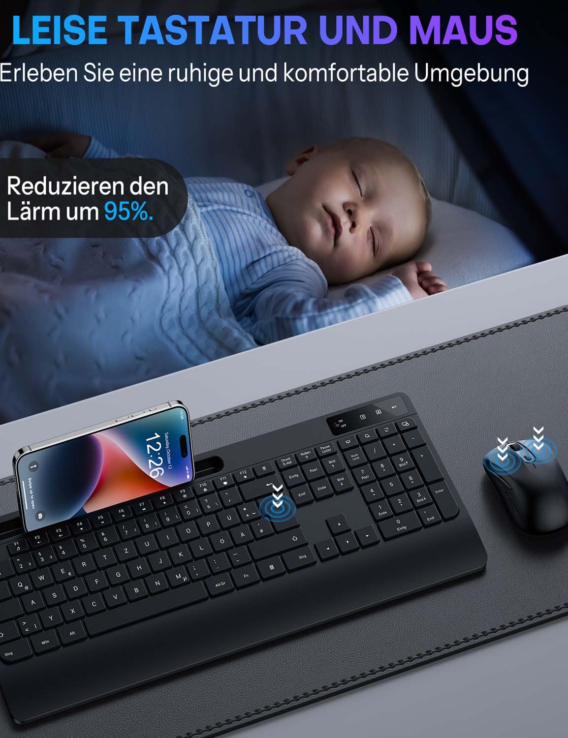 Tastatur Maus Set Kabellos - OMOTON Ergonomische Kabellos Tastatur QWERTZ Deutsche Mit Handgelenkauflage, Funk Tastatur Leise 2.4G USB Wireless Keyboard and Mouse Set für PC/Windows- Schwarz
