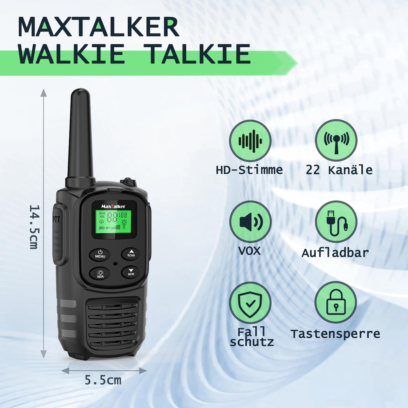 MaxTalker MT10 Walkie Talkie Aufladbar für Erwachsene Kinder Funkgeräte, 1200mAh Li-Ion Batterie, USB-C Kabel, LED Taschenlampe, VOX Funkgeräte für Wandern und Camping,4er Set