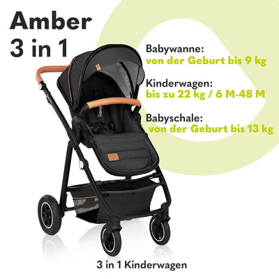 LIONELO Amber Kinderwagen 3 in 1 Kombikinderwagen Set sportlicher Sitz fester Babywanne Autositz Tasche Moskitonetz Regenschutz XXL-Dach mit Sonnenschutz (GRAU GRAFIT)