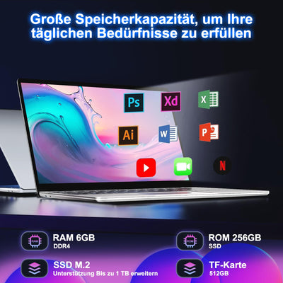 NOTODD 2025 Laptop 14 Zoll Win 11 Pro 6GB RAM 256GB SSD Unterstützung 1TB (TF 1TB) Notebook Celeron N4020 (bis2.8GHz) 5000mAh 1920x1080p WiFi Deutscher Tastaturschutz und kabellose Maus-Silver