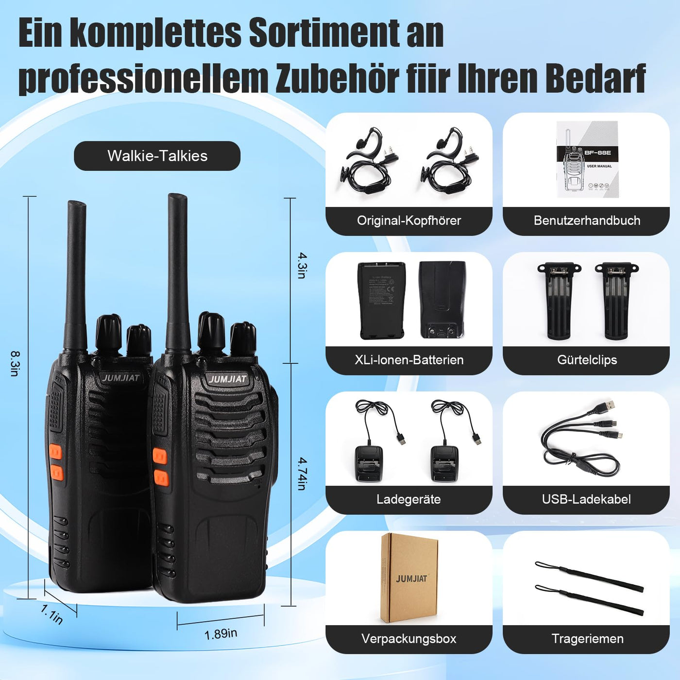 JUMJIAT Walkie -Talkie 16 Kanälegroße Reichweite Funkgeräte,Walkies talkies Eingebauter LED Taschenlampe, USB-Ladestation Cable mit Type-C und Headset (2 Stück)