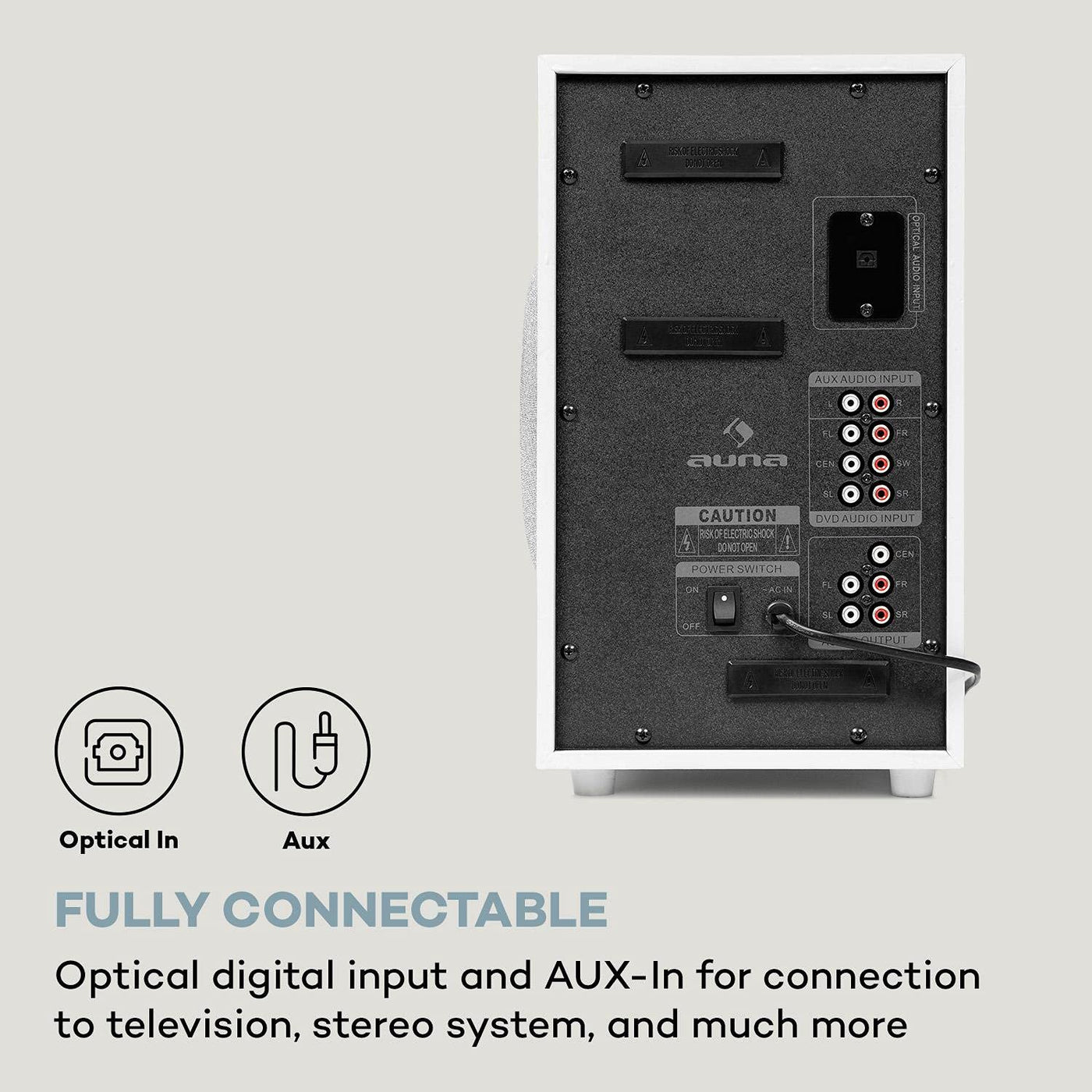 auna Areal 525 5.1 Soundsystem, Heimkinosystem, 5.1 Heimkinosystem, RMS, Subwoofer, 4 oder 5 Satellit, AUX-Eingang, Heimkino mit 125 Watt, weiß