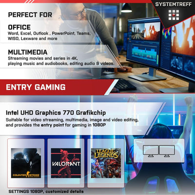 SYSTEMTREFF Office PC Intel Core i5-12600K 10x4.9GHz | UHD 770 4K HDMI DX12 | 1TB M.2 NVMe | 32GB DDR4 RAM | WLAN Silent Desktop Computer Rechner für Büro Business Multimedia