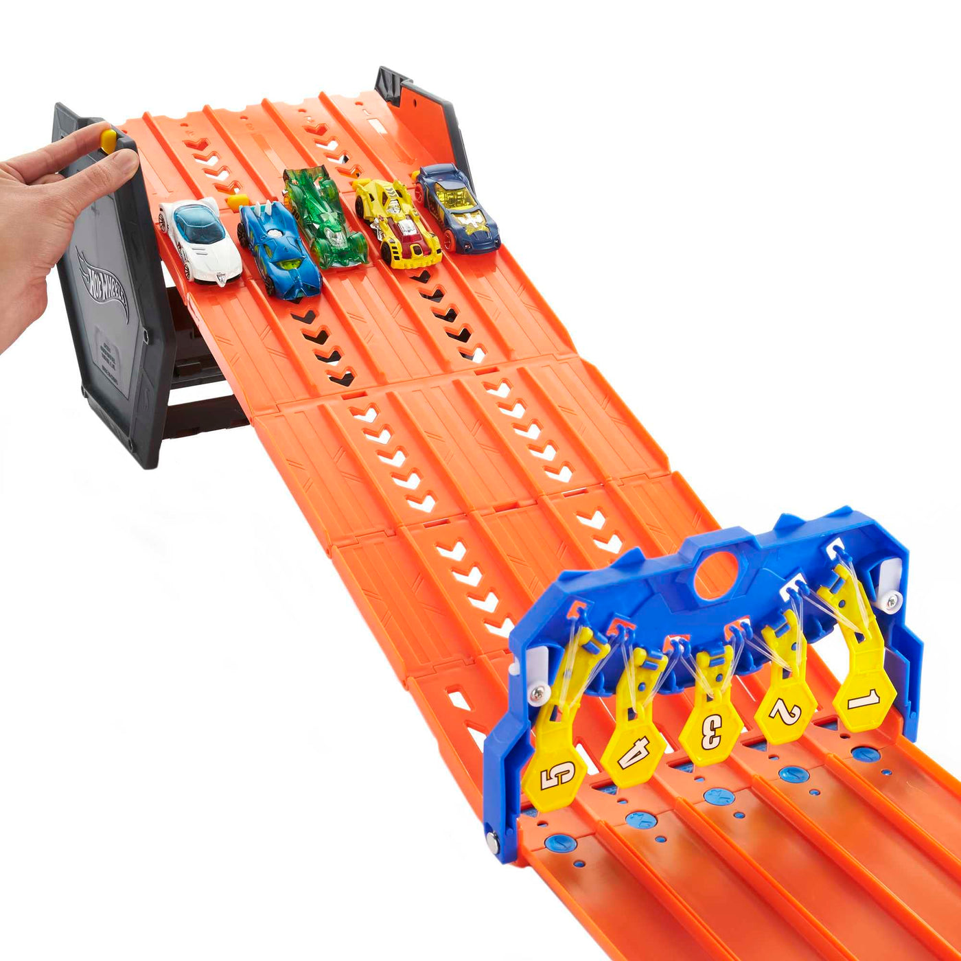 Hot Wheels HGK41 - Rollout Raceway Trackset, lässt Sich zu Einer fünfspurigen Rennstrecke ausrollen, Aufbewahrungsbehälter, Spielzeug Autorennbahn für Kinder ab 4 Jahren