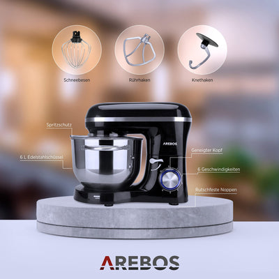 Arebos Küchenmaschine 1500W mit 6L Edelstahl-Rührschüssel | Rot | inkl. Rührhaken, Knethaken, Schneebesen | Spritzschutz | 6 Geschwindigkeiten | Knetmaschine | Teigmaschine