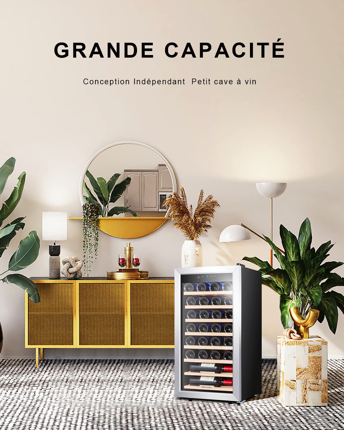 Kalamera Weinkühlschrank, 28 Flaschen 86 Liter, Touch-Bedienfeld, Edelstahl Glastür, 5-18°C Kühlzone, Abnehmbar Holzauflagen, KRC-86FCSS-W