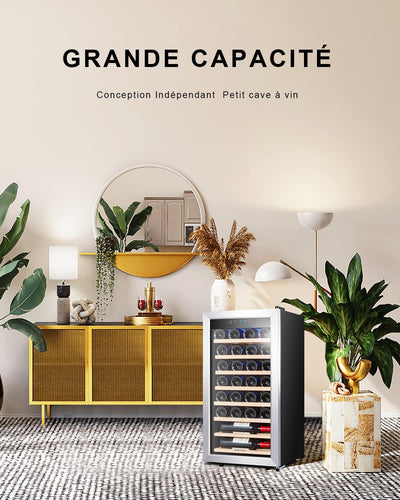 Kalamera Weinkühlschrank, 28 Flaschen 86 Liter, Touch-Bedienfeld, Edelstahl Glastür, 5-18°C Kühlzone, Abnehmbar Holzauflagen, KRC-86FCSS-W